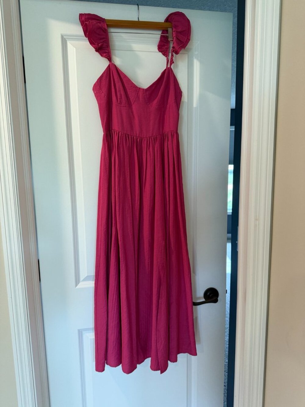 VICI Fuchsia Pink Ruffle Strap Maxi Dress High Slit XS
